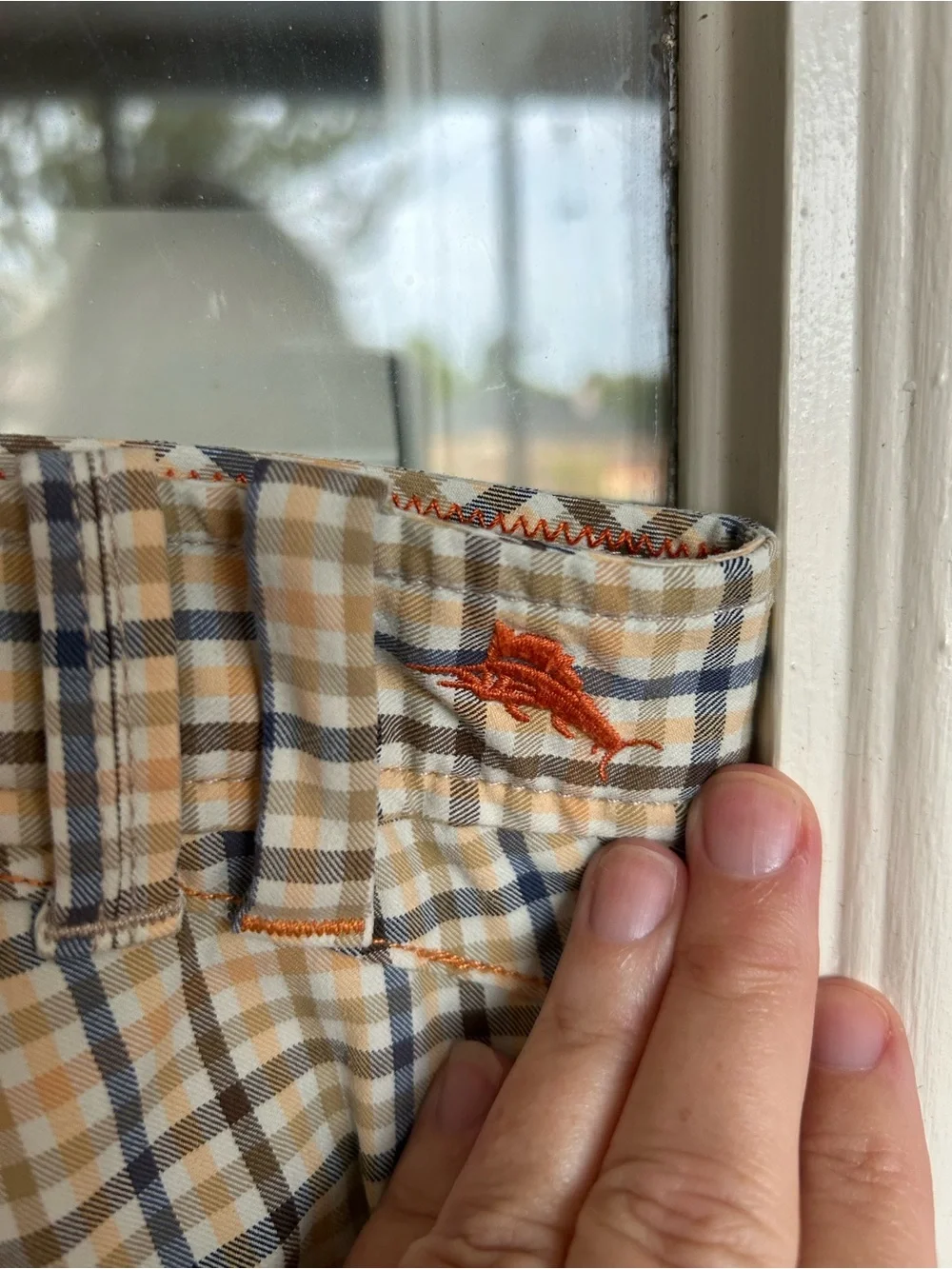 Tommy Bahama Beige and Navy Plaid Flat Front Shorts